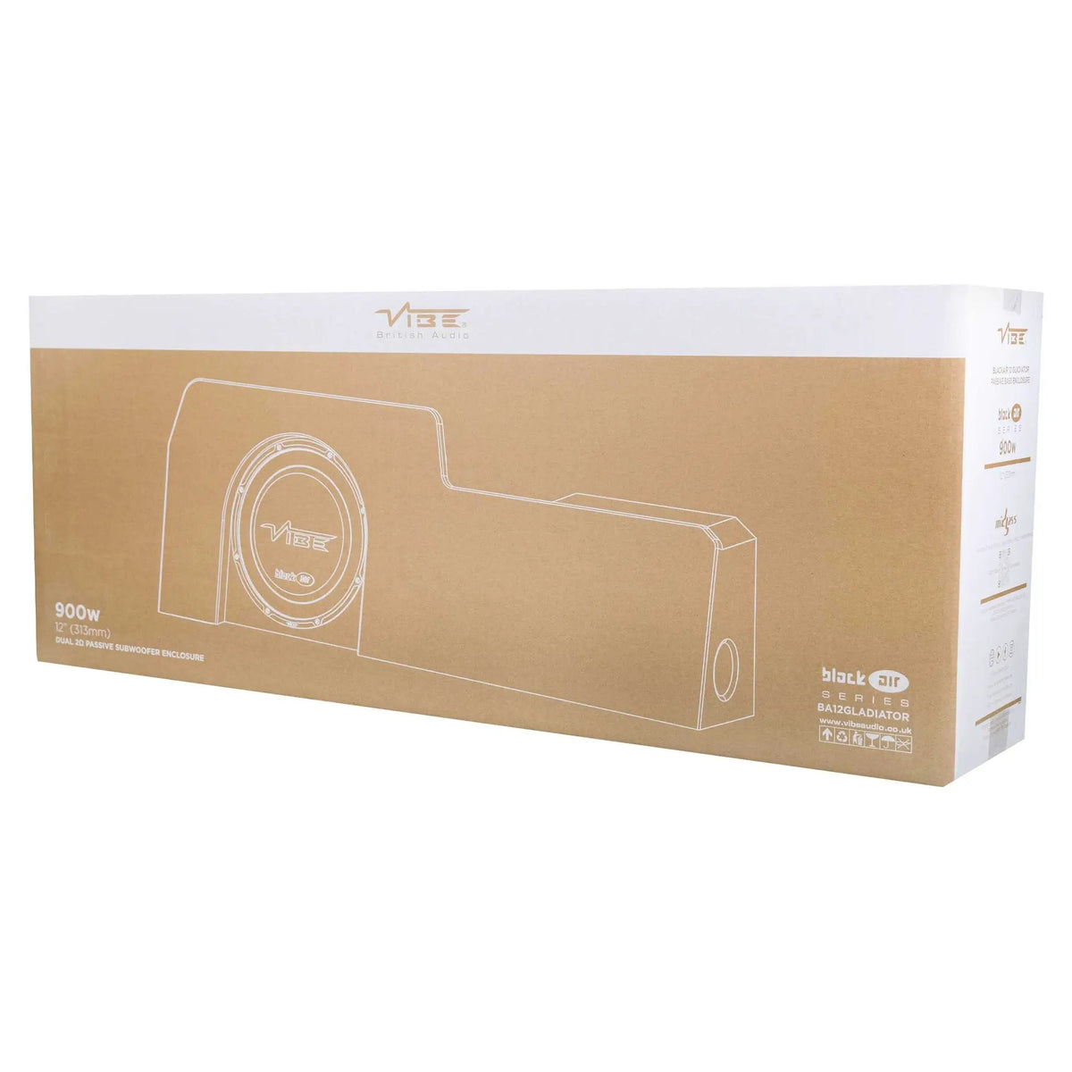 VIBE Black Air retail box with a line drawing of a long stepped subwoofer enclosure