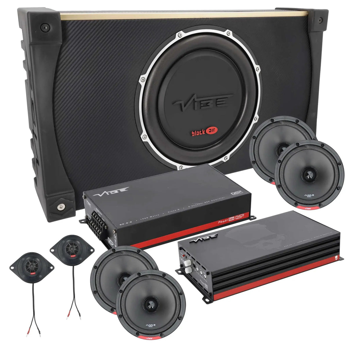 VIBE audio kit with a subwoofer enclosure, four round speakers, two tweeters and two amplifiers