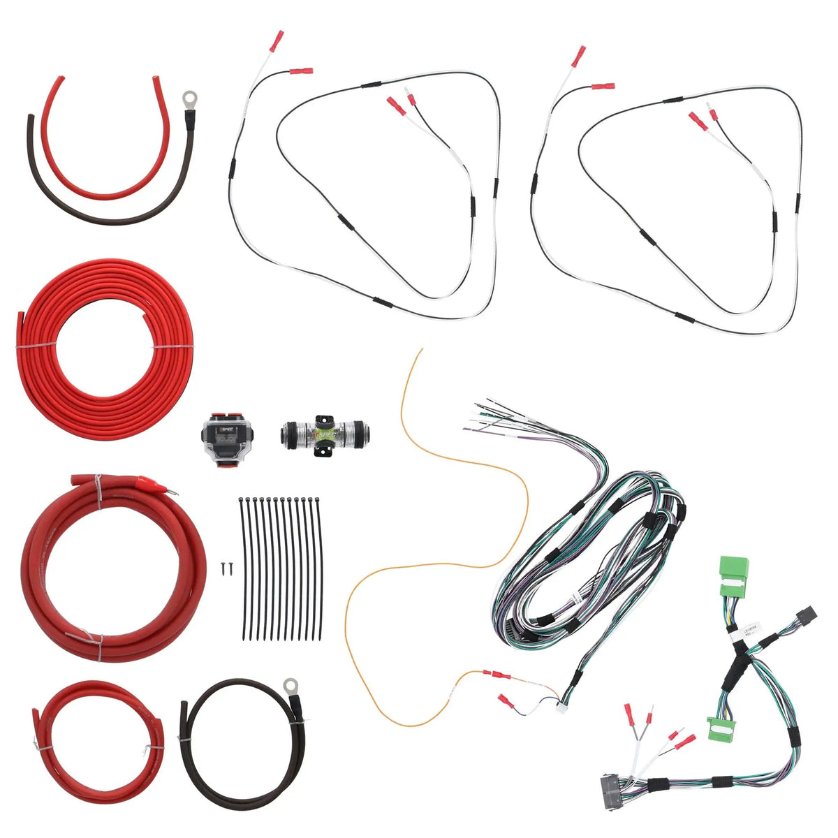 Vehicle audio wiring harnesses, coiled red power cable, fuse holder and cable ties