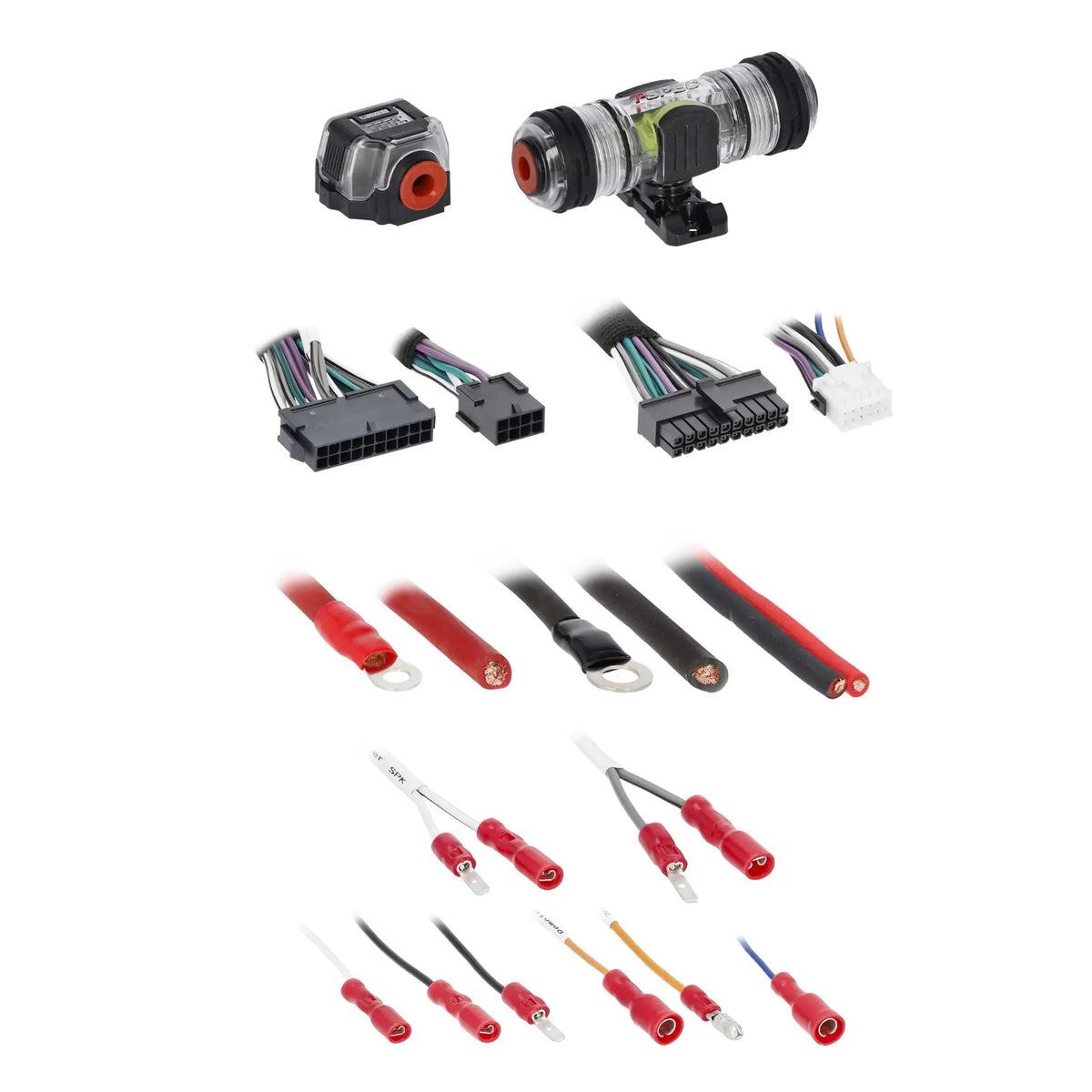 Alternate view of wiring adapters, fuse holder and power leads with ring terminals