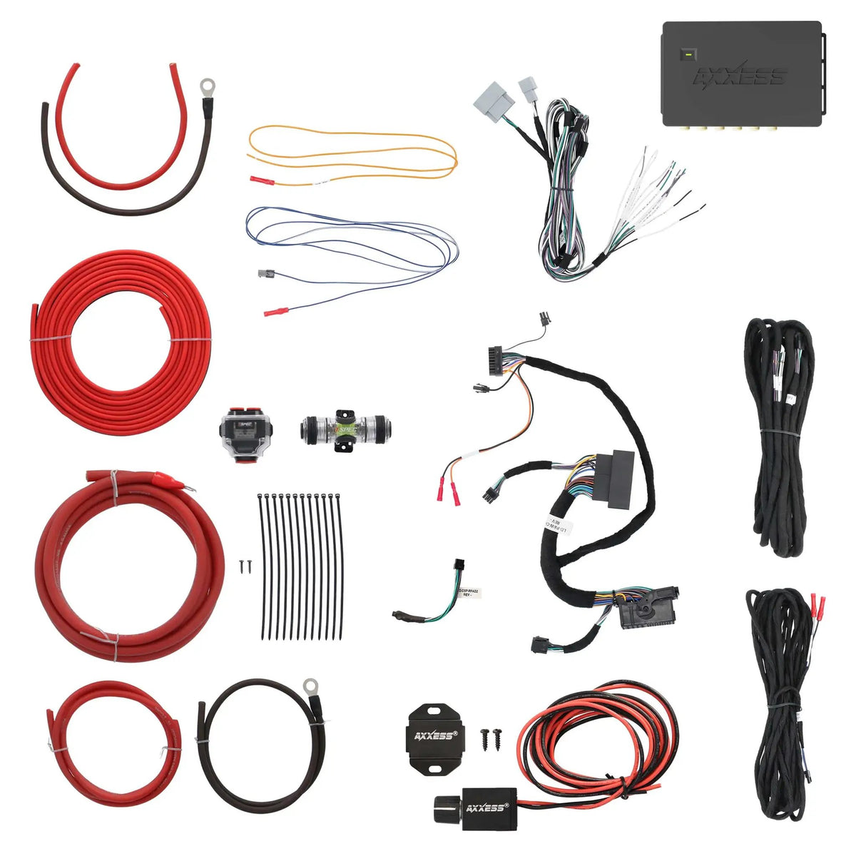 Audio installation kit with an Axxess interface, wiring harnesses, coiled power cables, fuse holder and cable ties