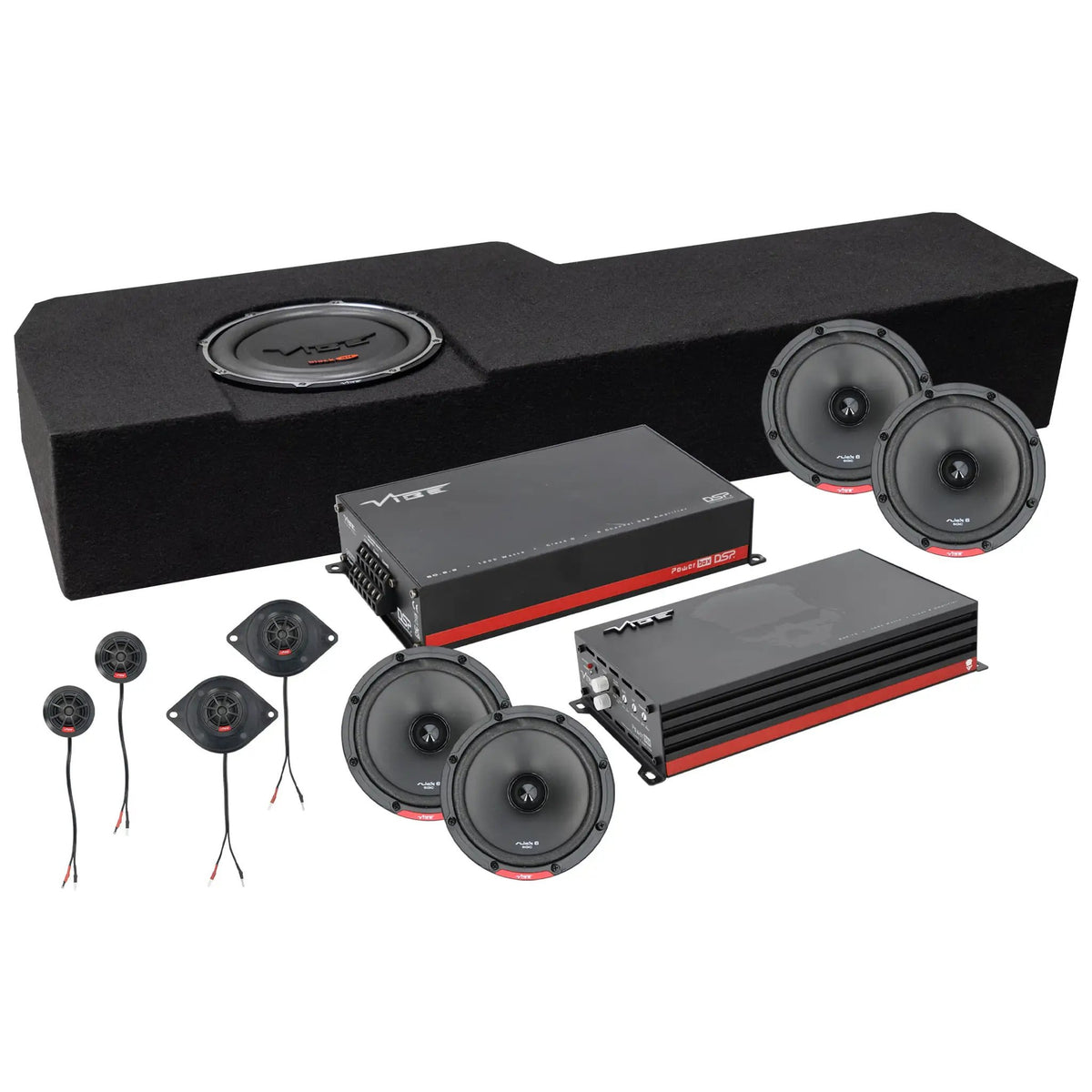 VIBE subwoofer enclosure with two amplifiers, four round speakers and four smaller drivers