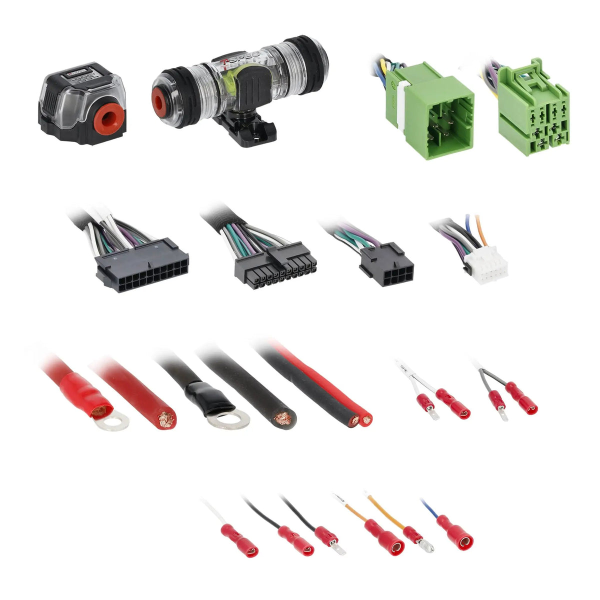 Close-up arrangement of wiring plugs, fuse holder, power terminals and red-insulated wire connectors