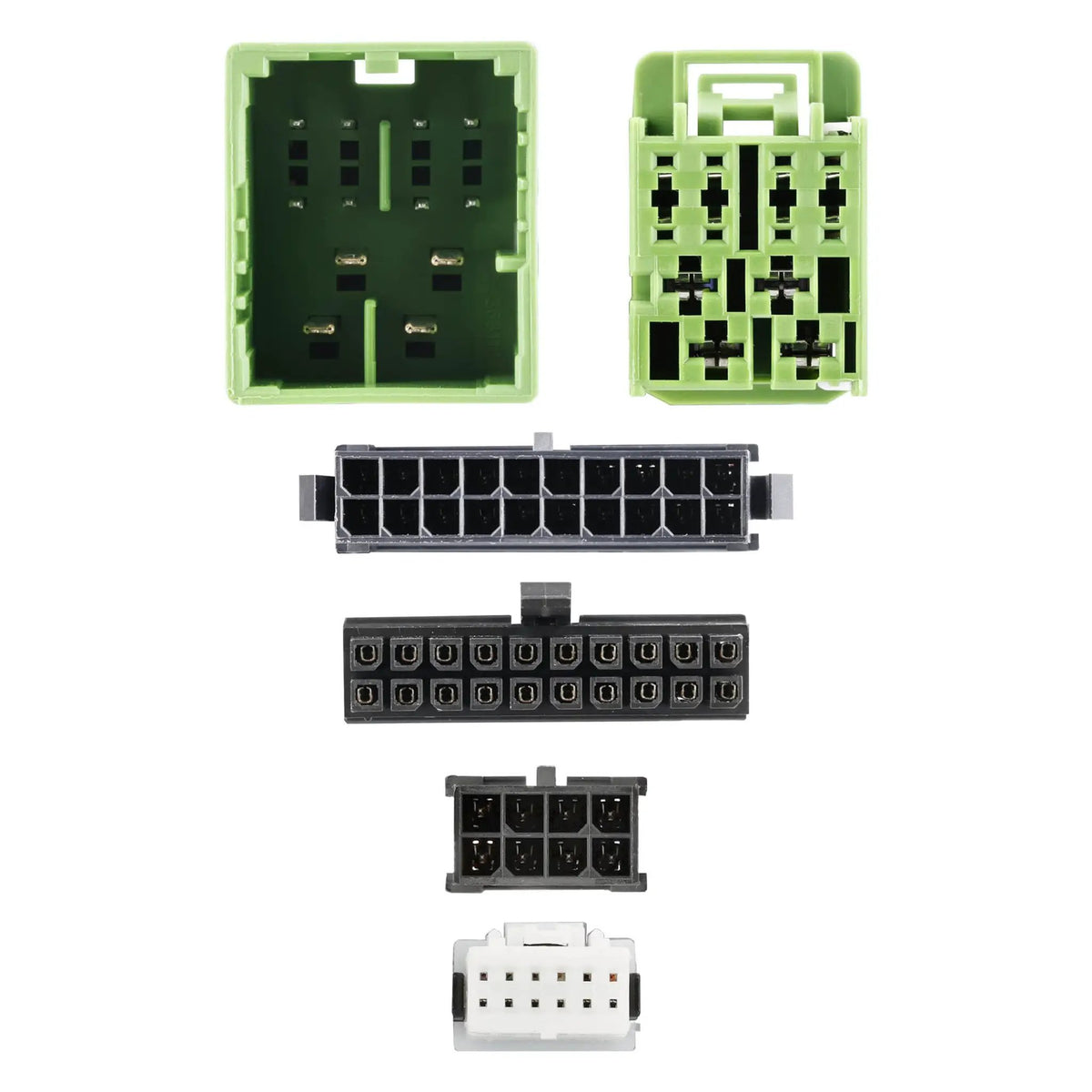 Close-up of green, black and white wiring-connector faces showing their pin layouts