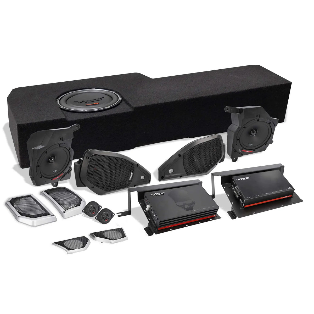 Audio kit with a long loaded enclosure, speaker pods, grilles, tweeters and two amplifiers