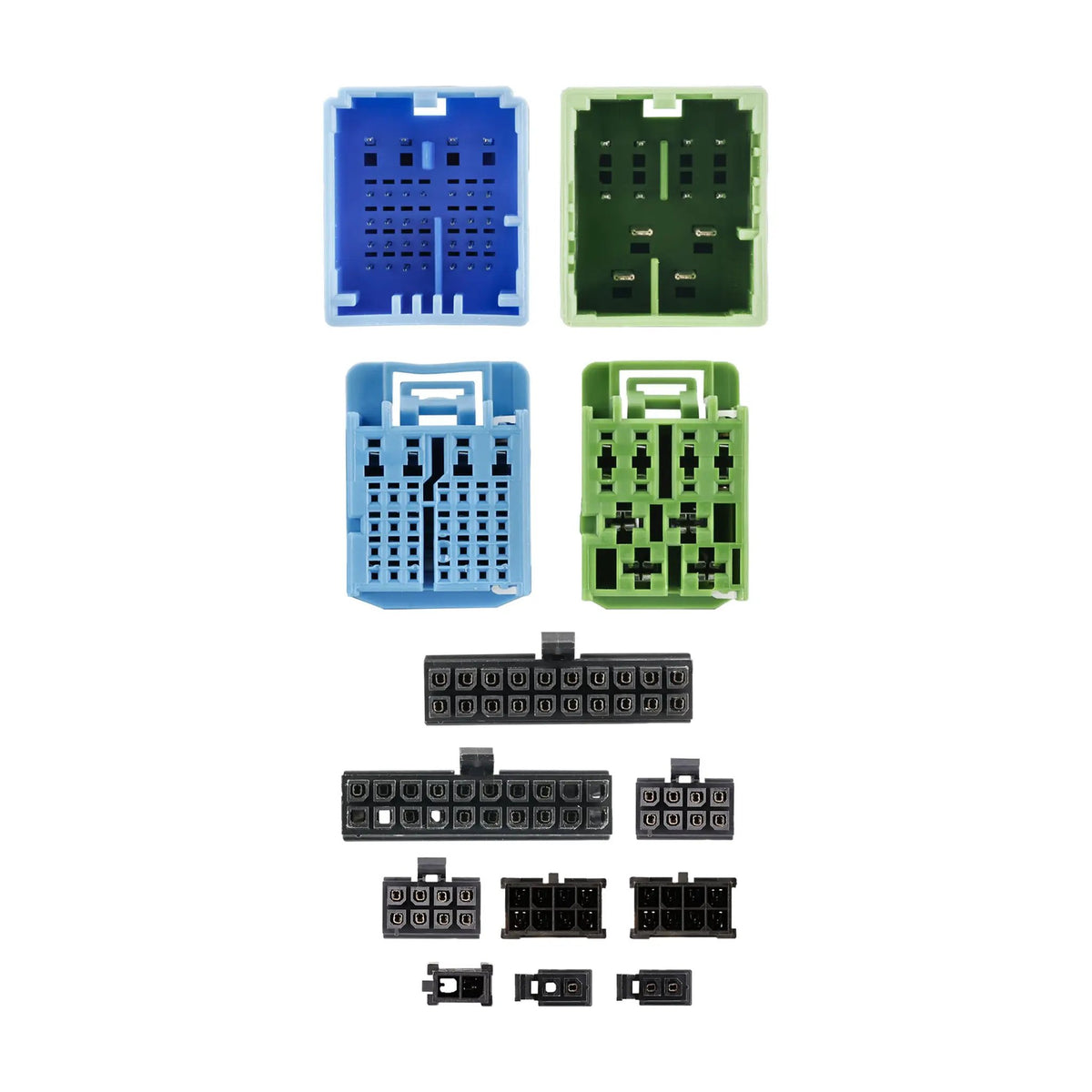 Connector-face views of blue, green and black multi-pin wiring plugs