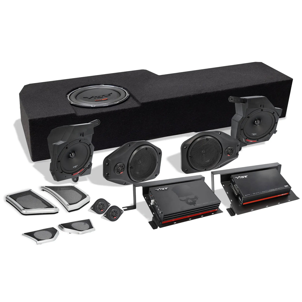 VIBE audio kit with a long subwoofer enclosure, two amplifiers, speakers, tweeters and replacement grilles