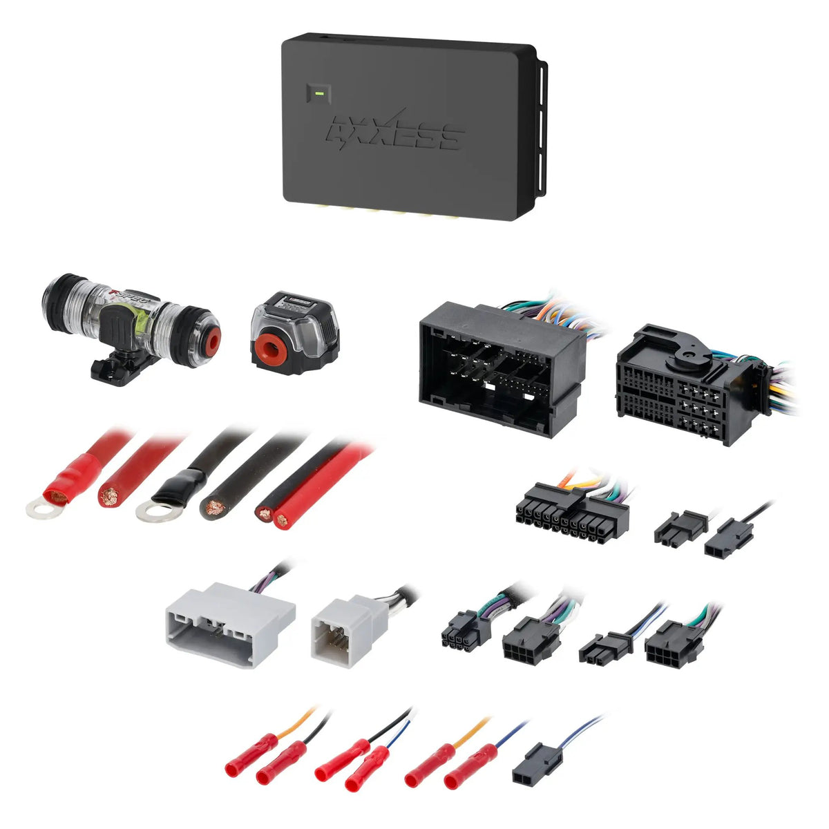 Axxess interface with large wiring plugs, small adapters, power terminals and a fuse holder