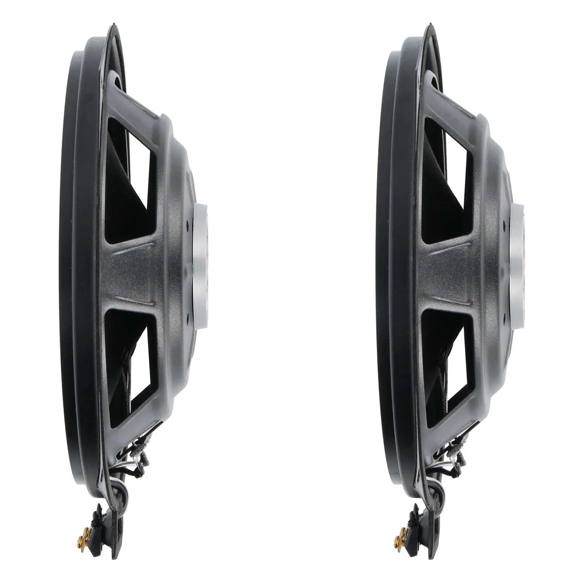 Side profiles of two shallow VIBE speakers showing their open baskets and terminals