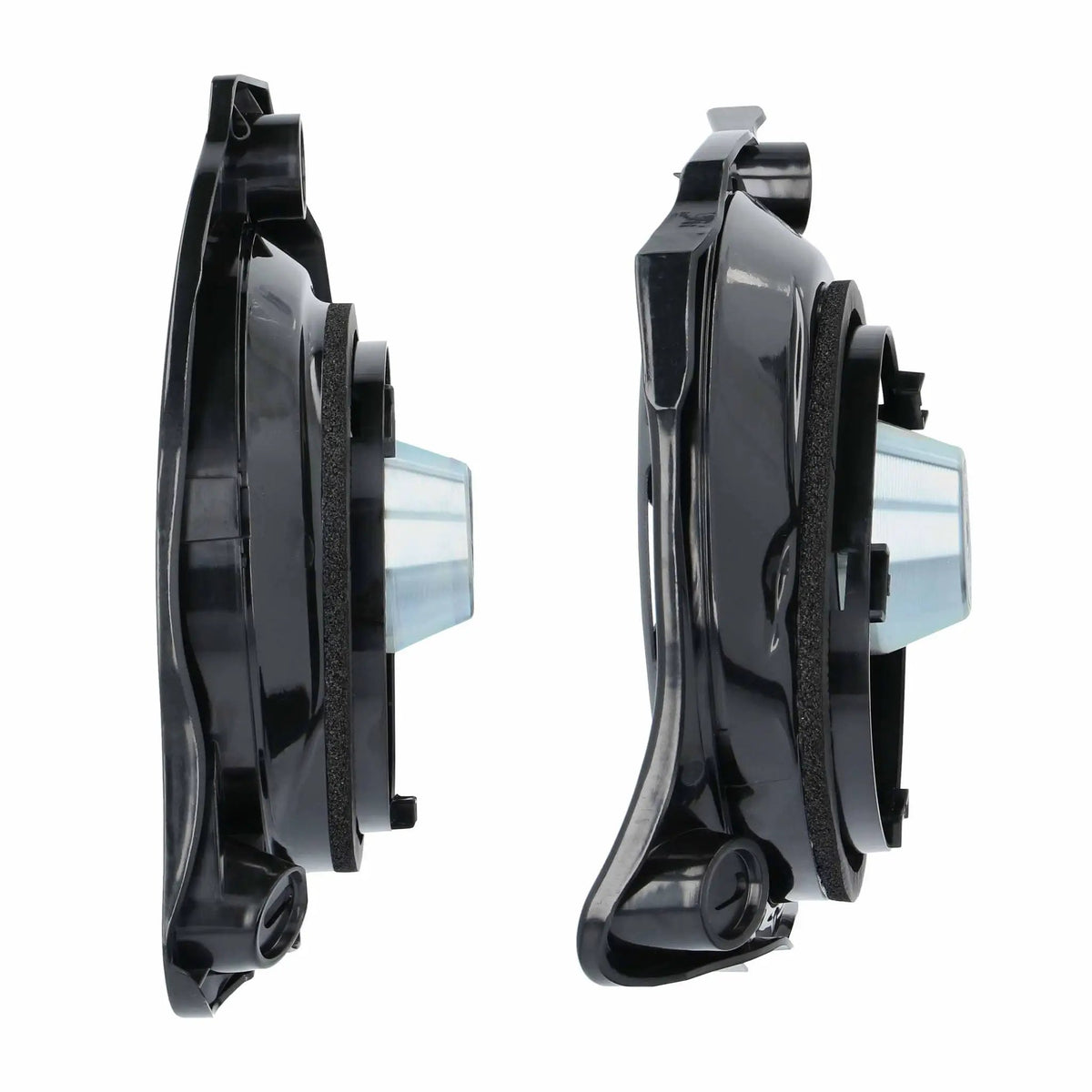 Side view of two shallow speaker assemblies in molded mounting frames