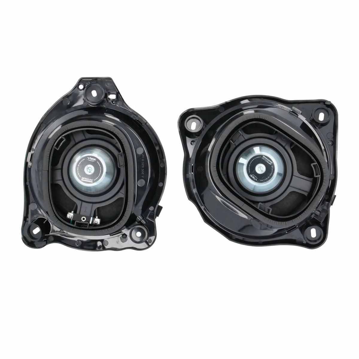 Rear view of two shallow speaker assemblies showing magnets and molded mounting frames