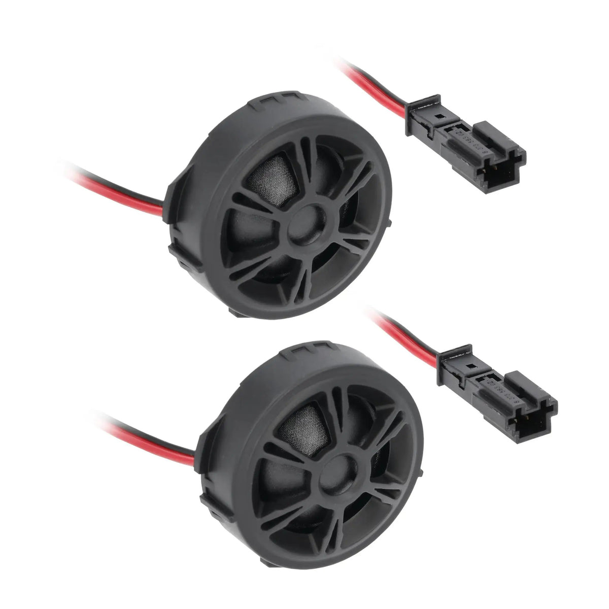 Two round black tweeters with spoke grilles and red-and-black connector leads