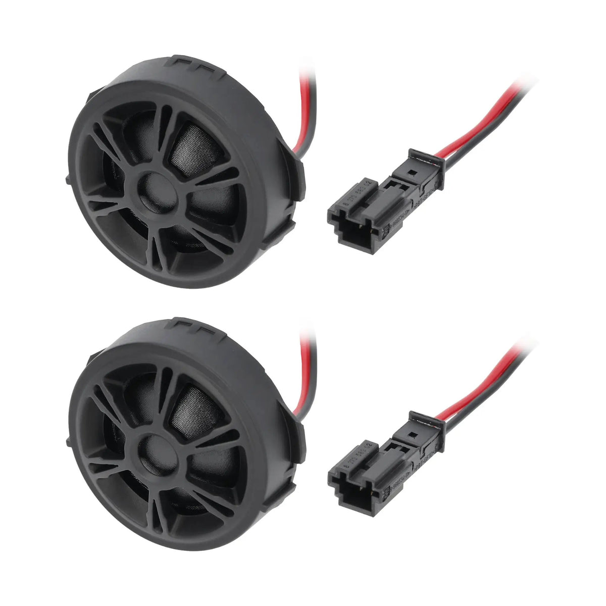 Two black round tweeters with spoke grilles and red-and-black connector leads, angled view