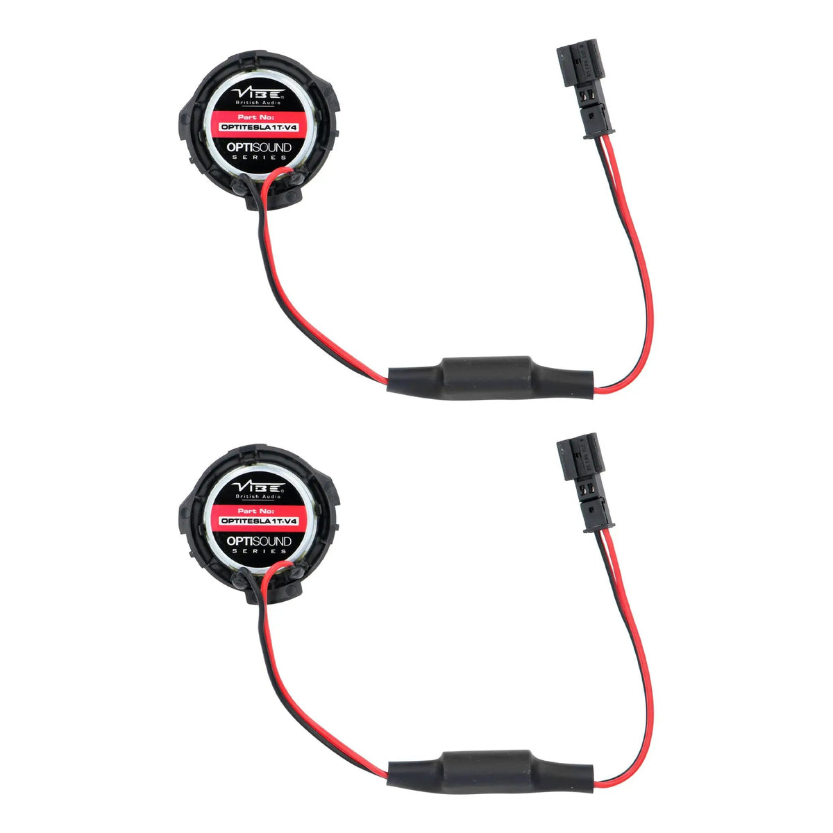 Rear view of two VIBE Tesla tweeters with inline components and plug connectors