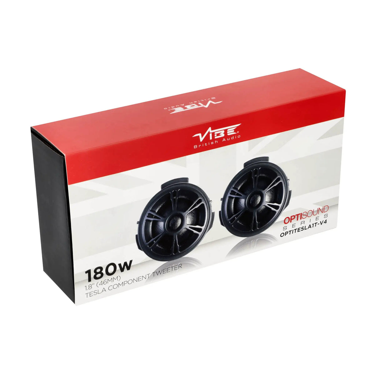Angled view of VIBE OPTISOUND Tesla tweeter retail box
