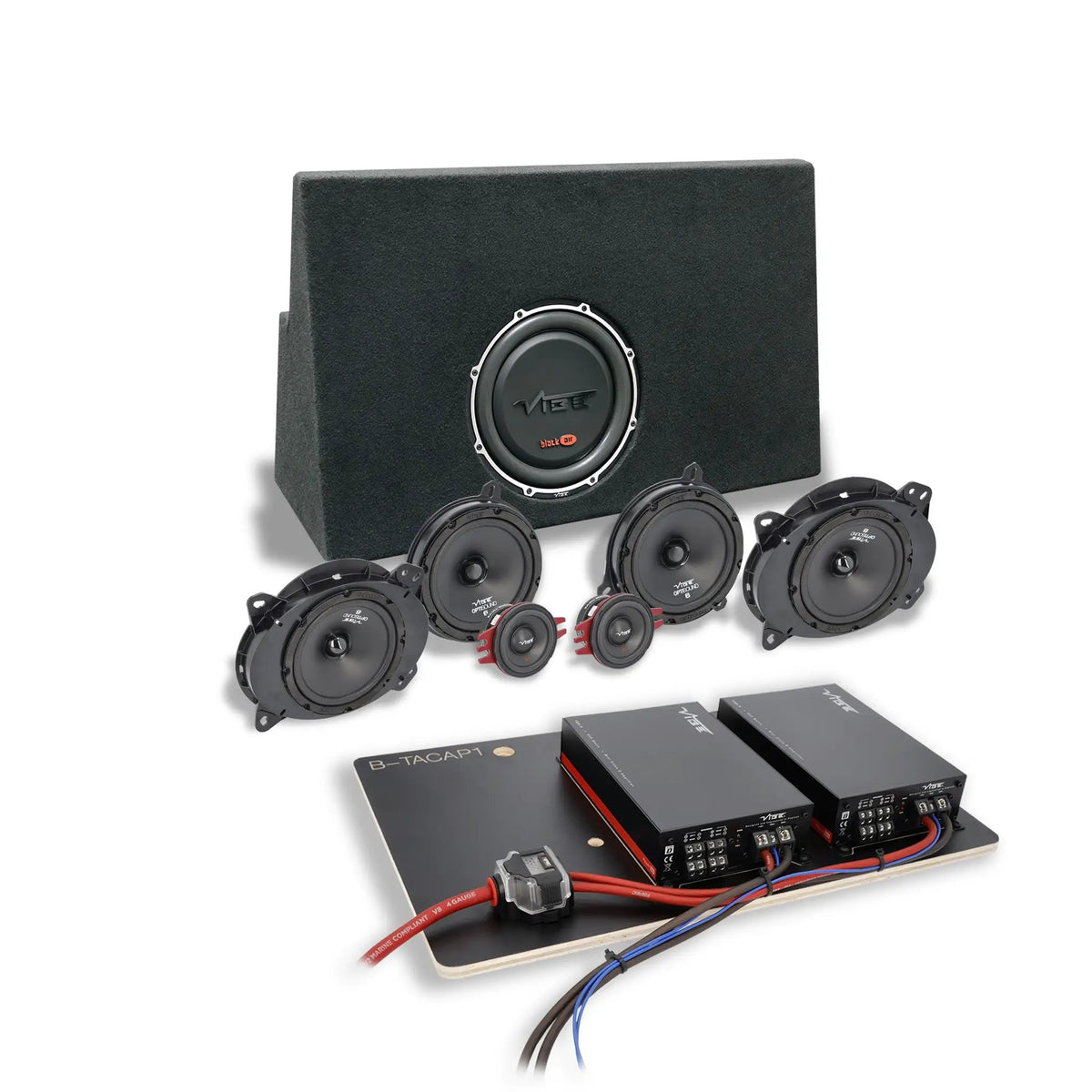 VIBE audio kit with a loaded enclosure, four speakers, two tweeters and amplifiers on a wired mounting panel
