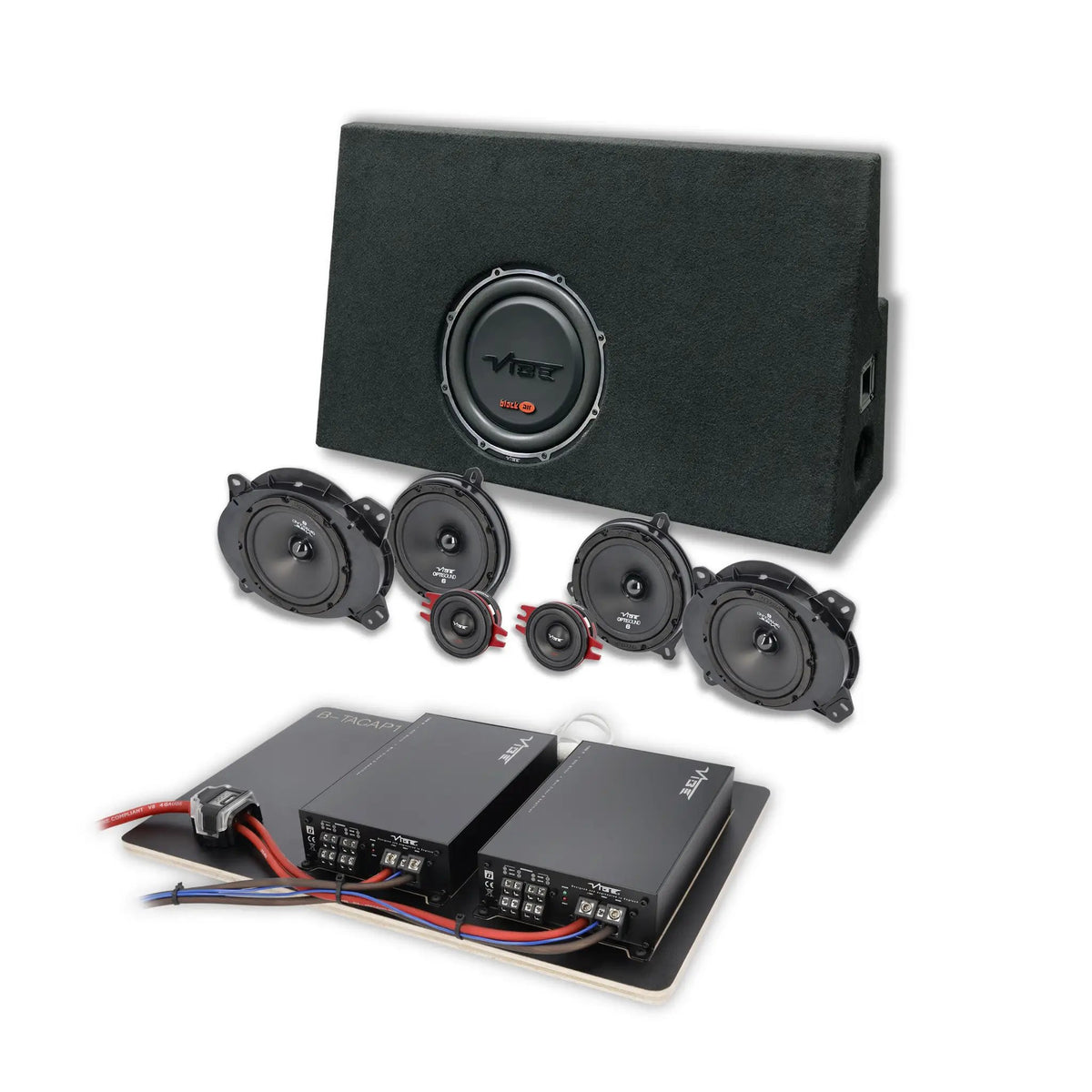 VIBE audio components with an upright loaded enclosure, oval and round speakers, tweeters and a prewired amplifier board