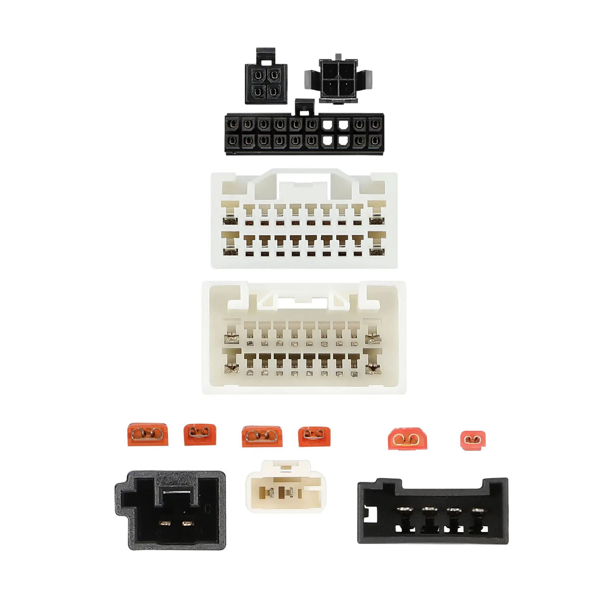 Connector-face views of white and black multi-pin plugs with small orange connectors