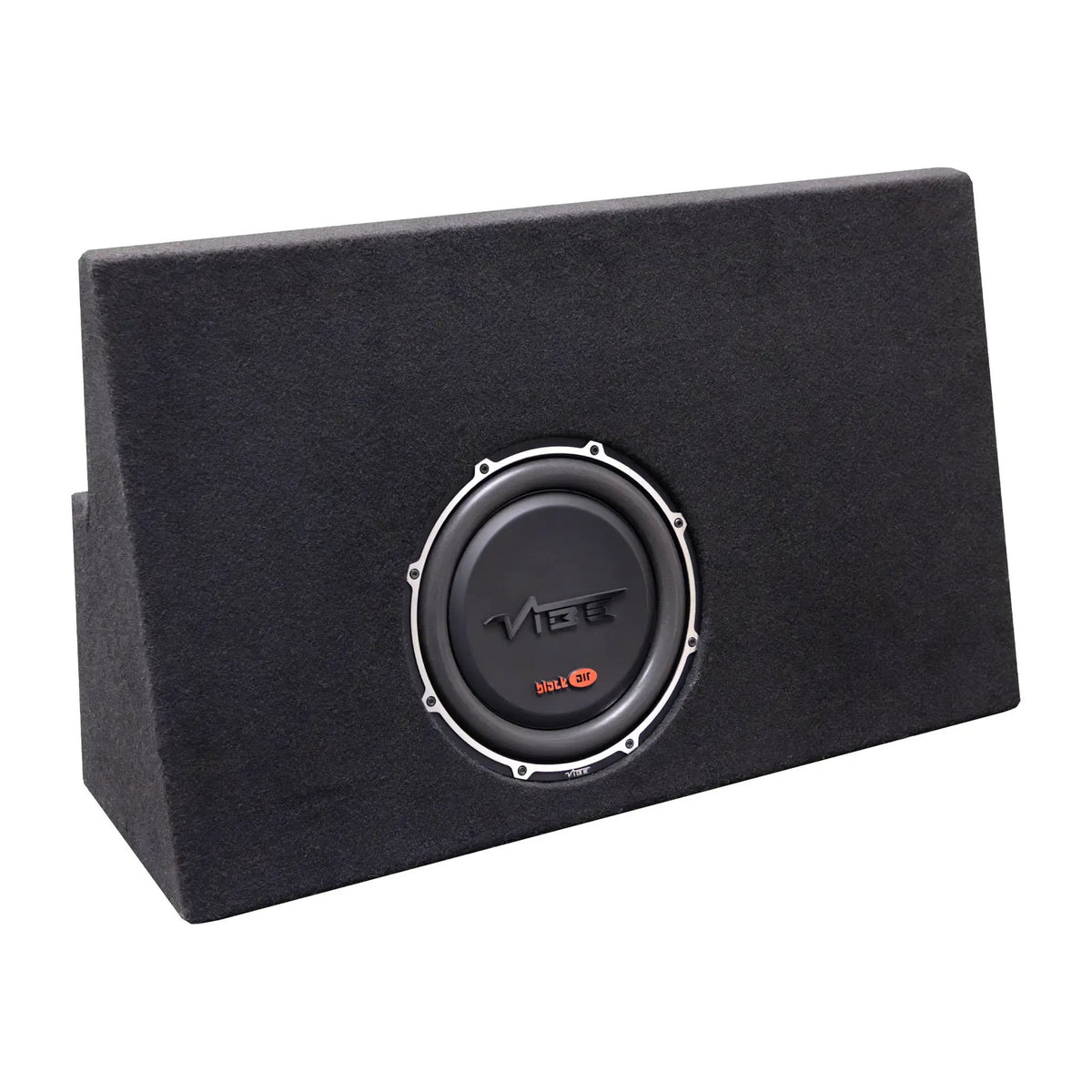 VIBE subwoofer in a slim black carpeted enclosure, viewed from the front
