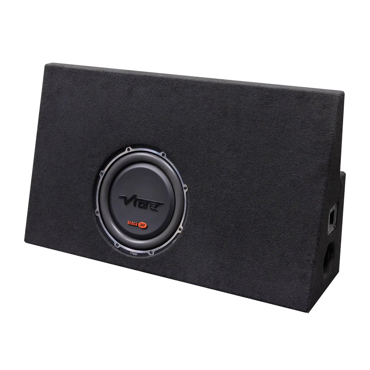 Angled front view of a black carpeted VIBE subwoofer enclosure with a side port