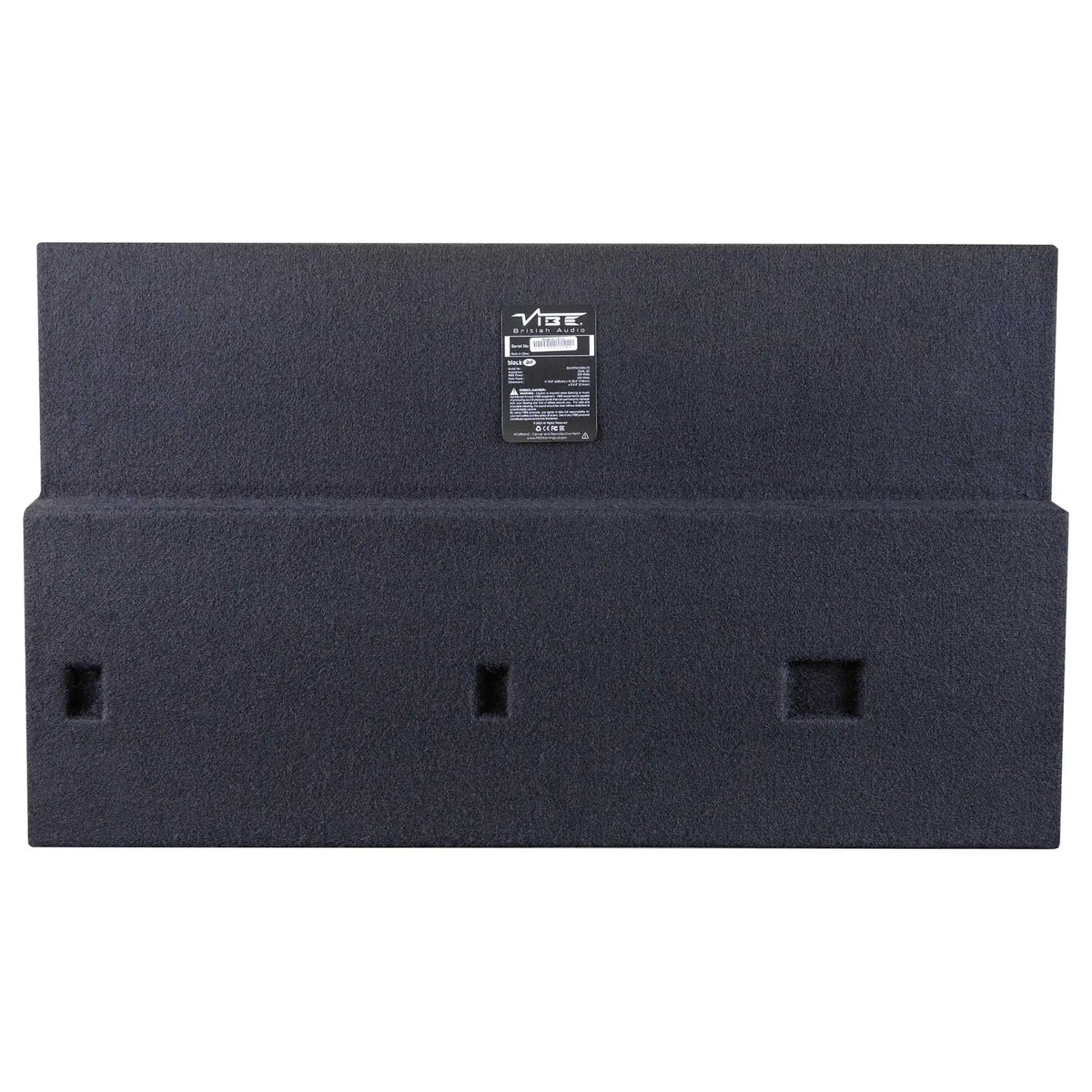 Rear view of a carpeted enclosure with three recessed mounting points and a VIBE identification label