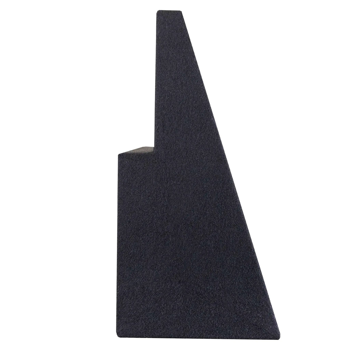 Side view of a slim wedge-shaped black carpeted subwoofer enclosure