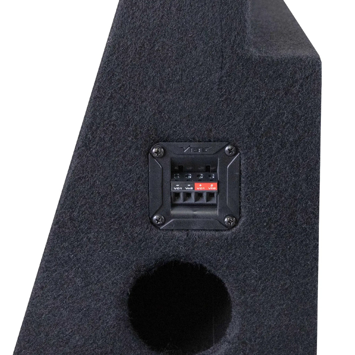 VIBE subwoofer enclosure close-up showing the terminal panel above its round bass port