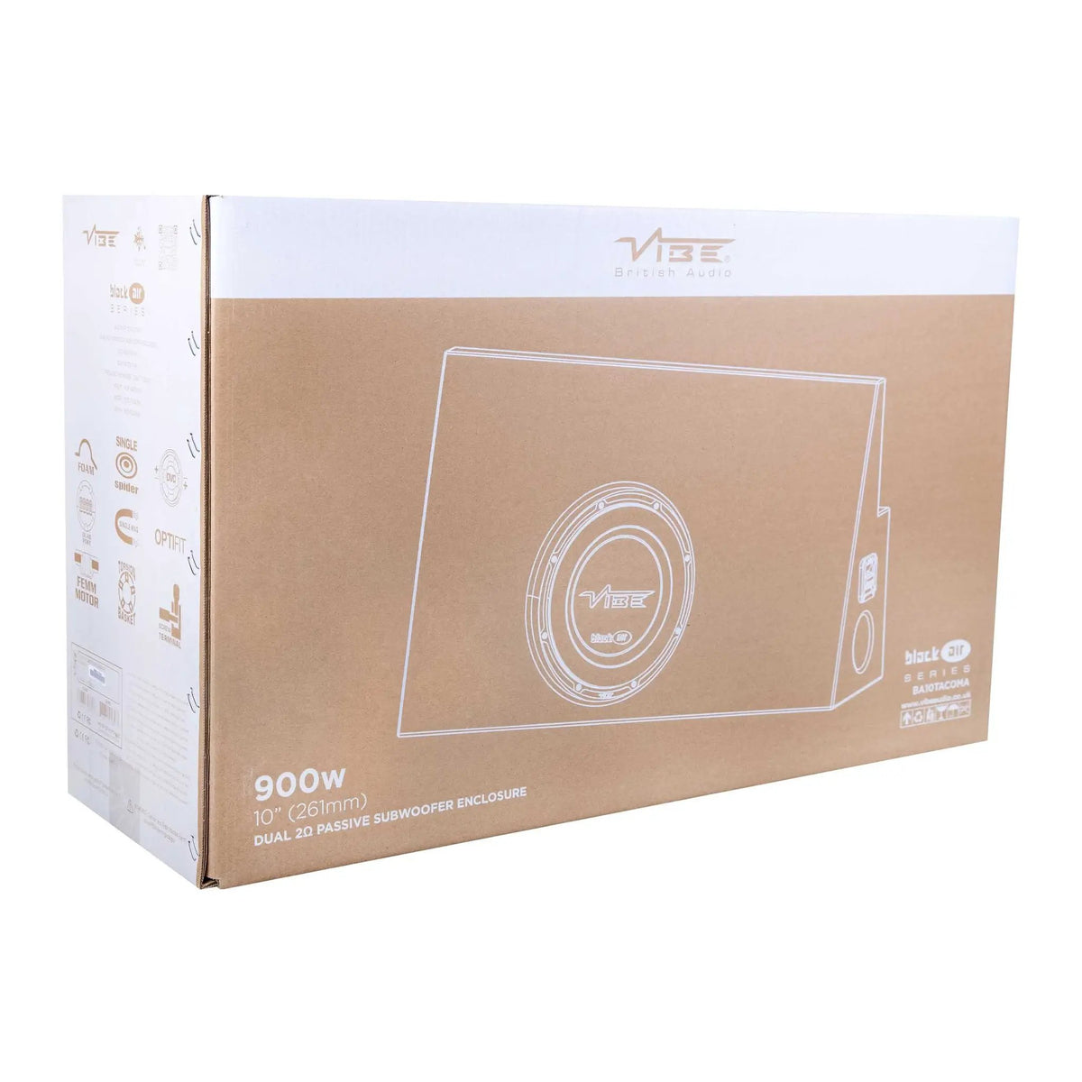 VIBE subwoofer enclosure retail box at an angle with a printed enclosure illustration