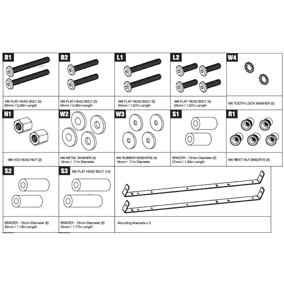 Subwoofer mounting-hardware chart identifying bolts, washers, spacers, rivet nuts and two brackets
