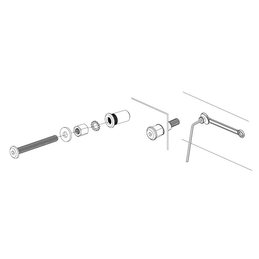 Threaded-insert installation diagram showing the bolt, washers and nut tightened with a hex key and wrench
