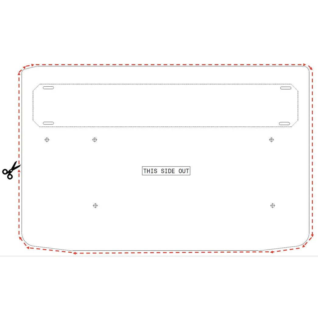 VIBE enclosure trim template with a dashed cut line and a This Side Out orientation label