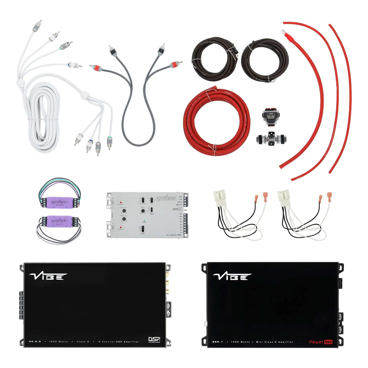 VIBE amplifier and interface kit laid out with wiring harnesses, RCA cables, coiled power cable and installation hardware