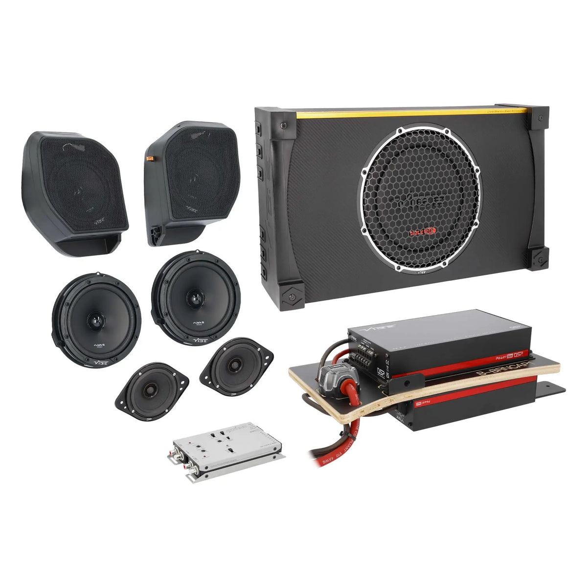 Audio kit with a gridded subwoofer enclosure, two speaker pods, four speakers, amplifiers and mounting hardware