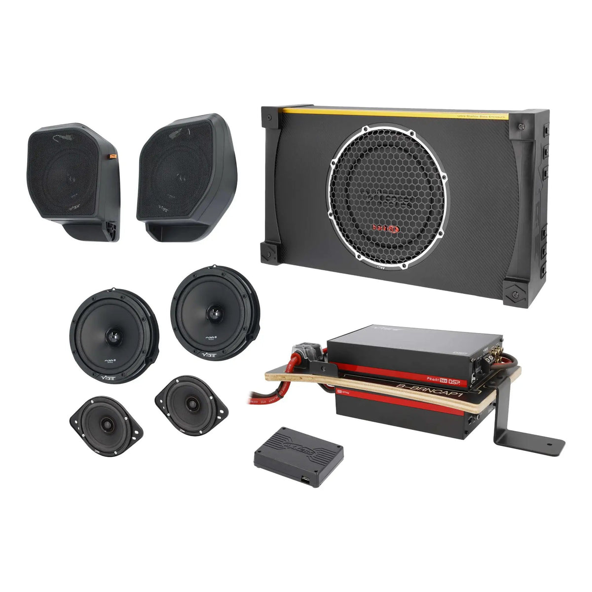 VIBE subwoofer enclosure and speaker pods behind loose speakers, with a dual-amplifier panel at right