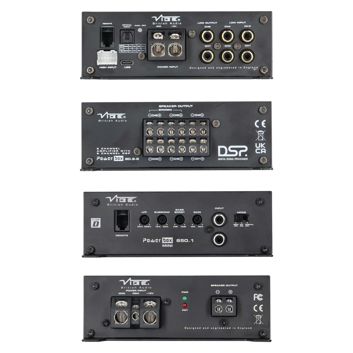 Four end-panel views of VIBE Powerbox amplifiers showing inputs, controls, power connections and speaker terminals