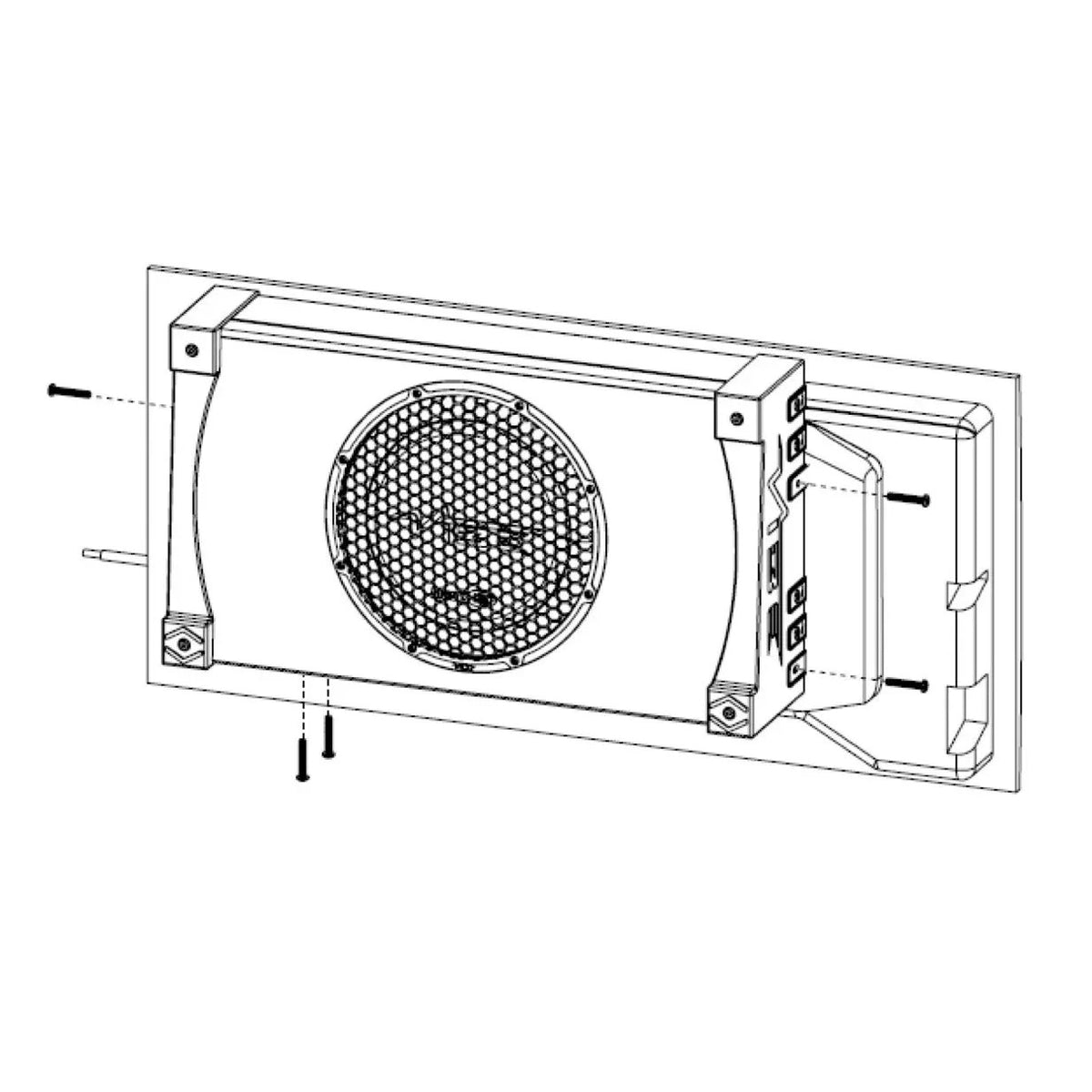 Installation drawing showing a VIBE subwoofer enclosure and brackets mounted to a vehicle panel