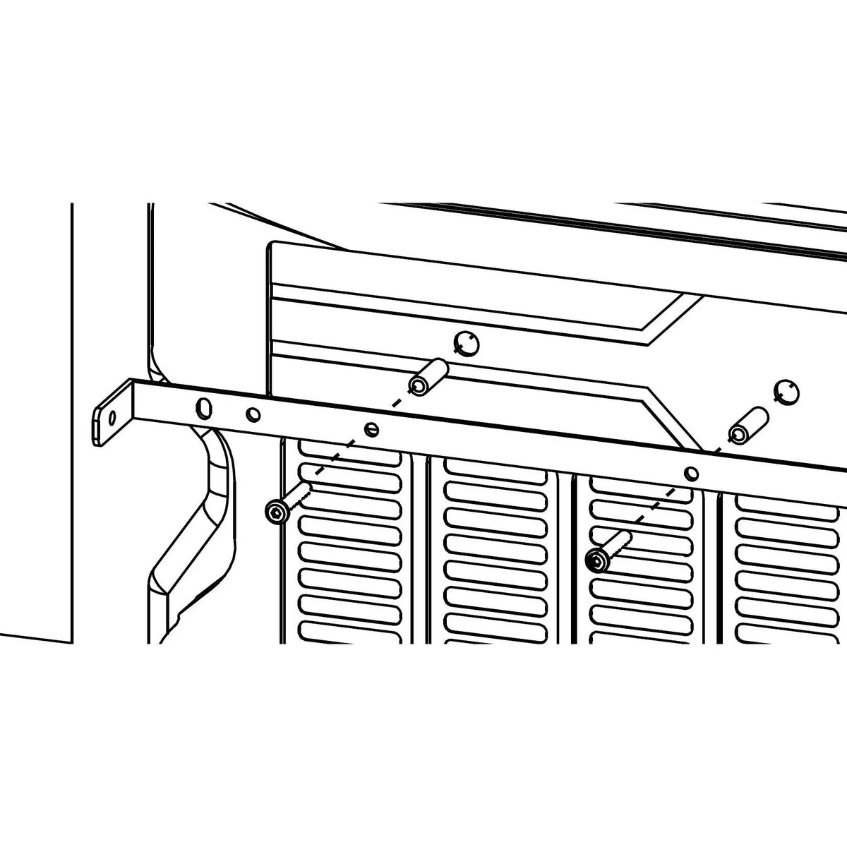Tailgate mounting diagram showing bolts and spacers attaching the long enclosure support bracket