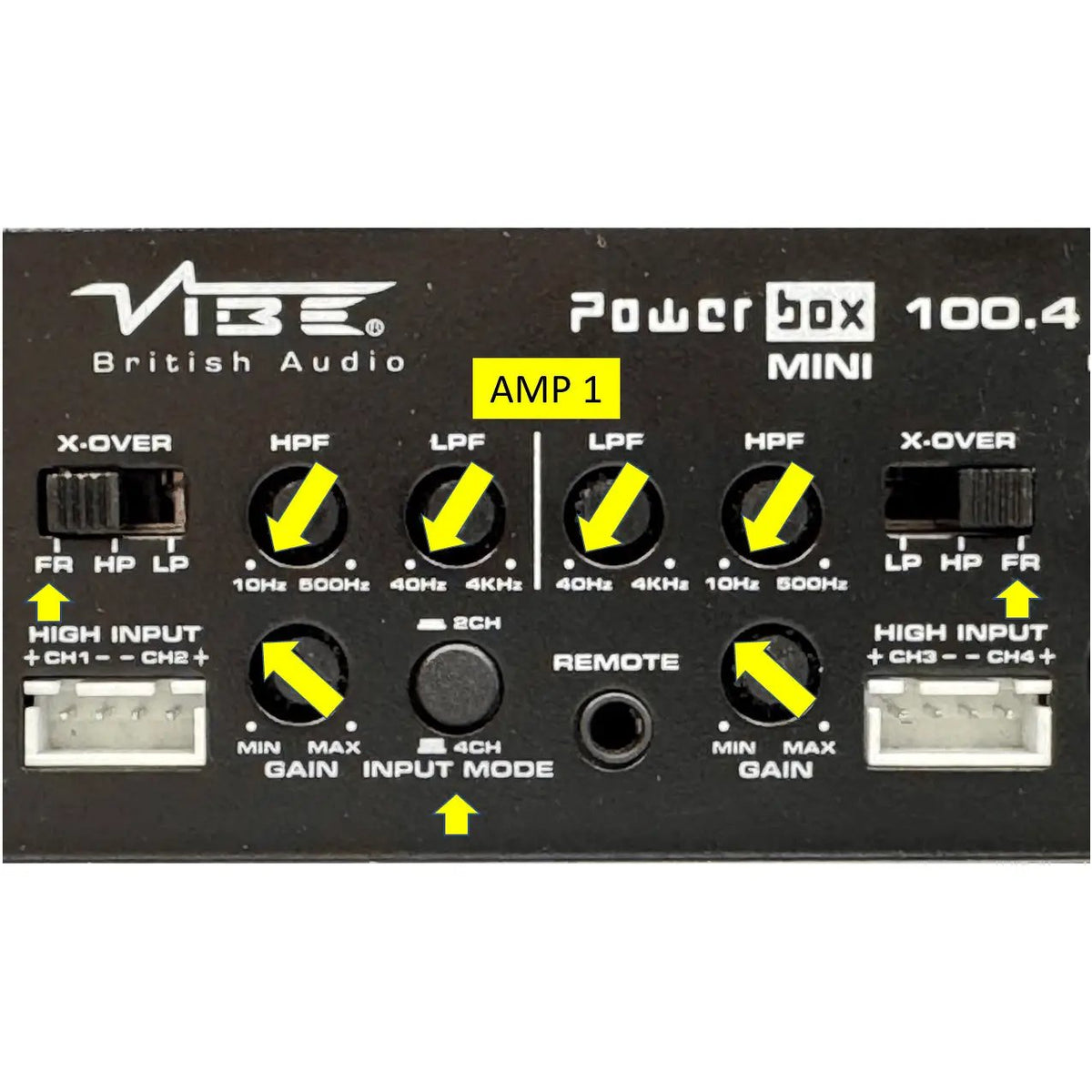 Powerbox 100.4 Mini Amp 1 setup showing full-range crossovers and four-channel input mode
