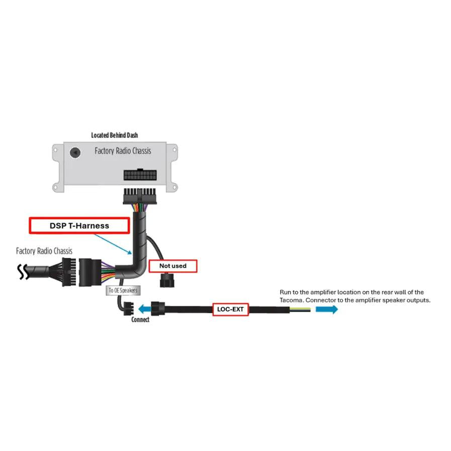 DSP T-harness diagram routing the radio connection to the rear amplifier and marking an unused connector