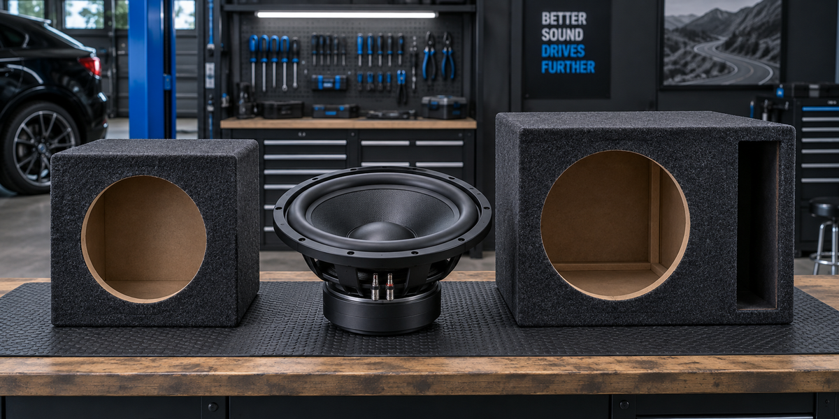 Subwoofer driver and ported enclosure cross-section showing airspace volume and port tuning for subwoofer to box matching