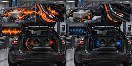 Car audio RCA cables and shielded power wiring in electric vehicle showing noise isolation from inverter and DC-to-DC converter interference