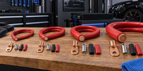 OFC power wire, ground cable and ANL fuse holder laid out on dark surface for car audio amplifier wiring selection and sizing