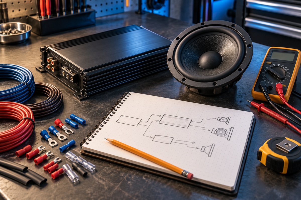 Conceptual car audio learning workbench with an amplifier, speaker, multimeter, wire samples and a signal-flow notebook.