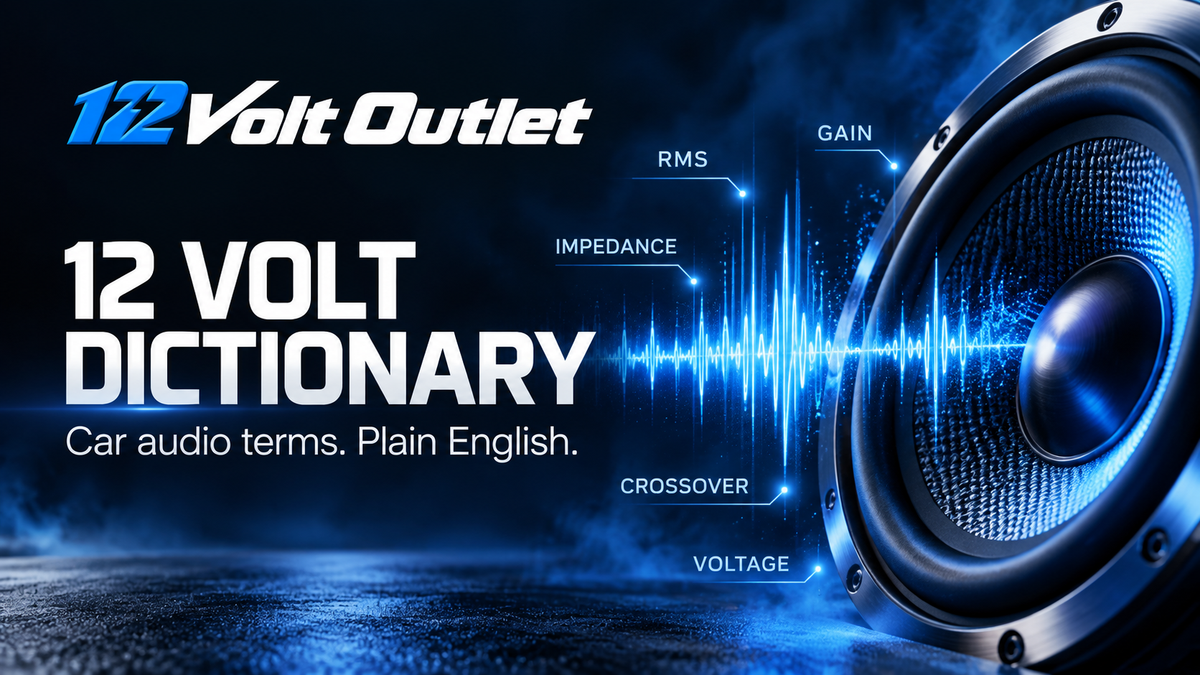 12 Volt Dictionary editorial artwork with a speaker, audio waveform and the terms RMS, gain, impedance, crossover and voltage.