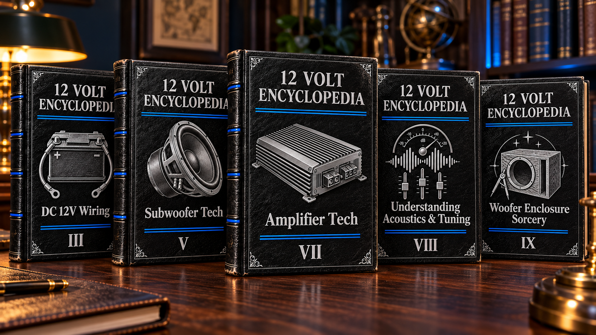 Editorial artwork using 12 Volt Encyclopedia volume covers to represent the online car audio reference library.