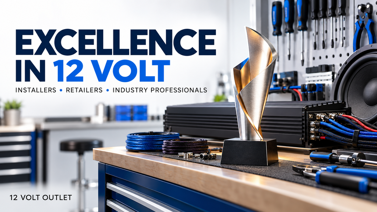 Conceptual illustration of a trophy and car-audio installation workbench celebrating 12-volt industry professionals; not an official MEA trophy or event photograph.