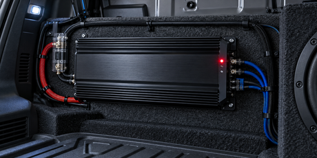 Car audio amplifier power and ground wiring with ANL fuse holder showing electrical system matching for high power car audio installation