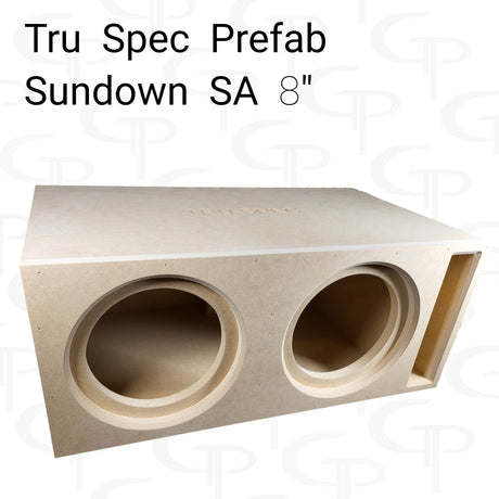 Empty Tru Spec dual 8-inch Sundown SA enclosure with bare wood finish, two subwoofer openings and a slot port.
