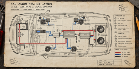 Car audio system components including head unit amplifier subwoofer and speakers laid out on dark surface showing complete system design planning