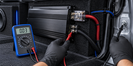Car amplifier with protection light illuminated in trunk showing diagnostic testing of power ground and remote terminals for troubleshooting